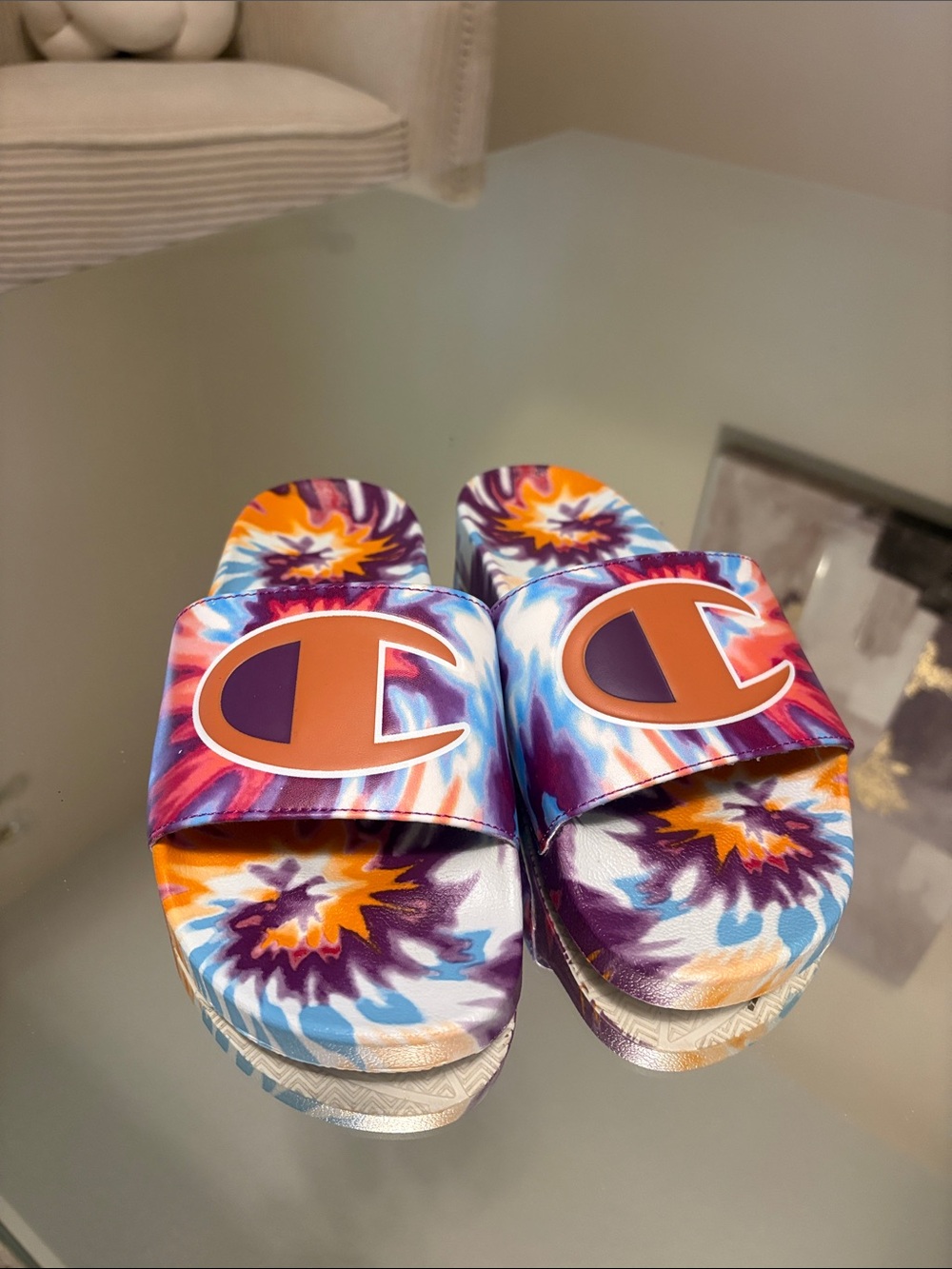 Champion Tie-Dye Slide Sandals in Purple, Orange & Blue